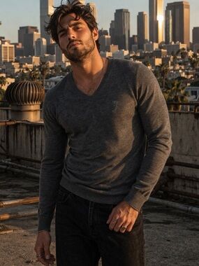 Versace Collection V-Neck Sweater Gray Wool Medusa Logo Size L